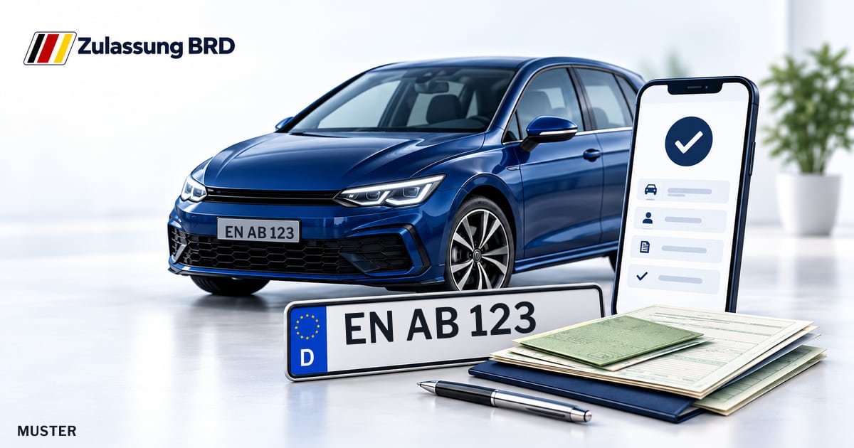 Online Fahrzeugzulassung in Ennepe-Ruhr-Kreis: Musterkennzeichen EN AB 123, Auto und Fahrzeugpapiere und Smartphone. Illustration mit Logo von Zulassung BRD.
